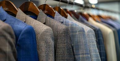 Row of Plaid and Patterned Mens Suits Hanging on Wooden Hangers in a Retail Store photo