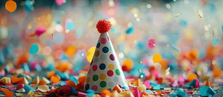 Yellow And Blue Party Hat With Confetti Falling photo