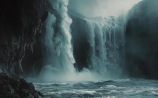 Dramatic Lava Falls Cascade Into Ocean at Sunset photo