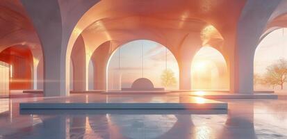 Modern Architectural Structure With Arched Windows at Sunset photo
