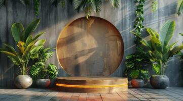 Concrete Wall With Lit Circular Decor and Greenery photo