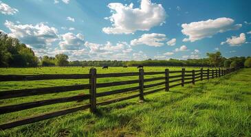 A Wooden Fence Lines a Green Pasture on a Sunny Day photo