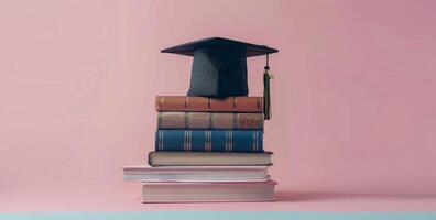 Graduation Cap Resting on Stack of Books Against Pink and Blue Background photo