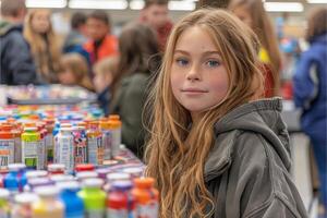 Young Girl With Dreads Smiles at Window With Colorful Paint Cans photo