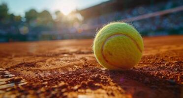 Tennis Ball Resting on Clay Court With Stadium in Background photo