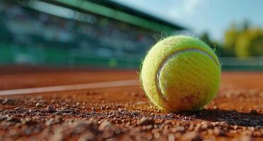Tennis Ball Resting on Clay Court With Stadium in Background photo