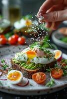 Poached Egg and Avocado Toast With Salt Sprinkle photo
