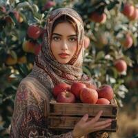 Young Woman Holding Crate of Apples in Orchard photo