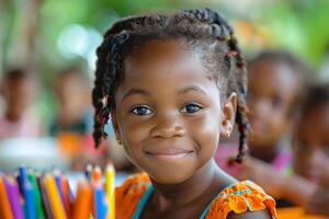 Young Girl With Curly Hair Smiles at Camera During Outdoor Event photo