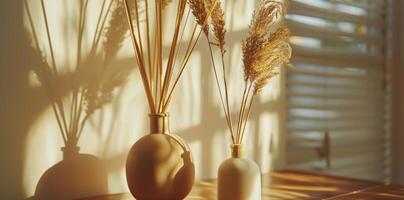 Decorative Reed Diffuser Bottles and Dried Pampas Grass in Sunlight photo