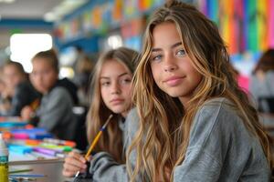 Young Girl With Dreads Smiles at Window With Colorful Paint Cans photo