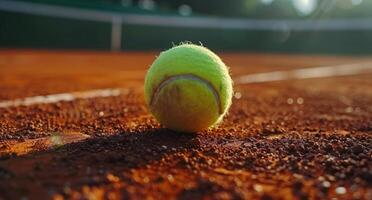 Tennis Ball Resting on Clay Court With Stadium in Background photo