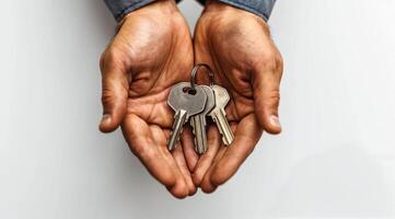 Closeup of Hands Holding Three Keys on a White Background photo