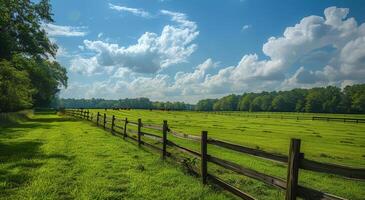 A Wooden Fence Lines a Green Pasture on a Sunny Day photo