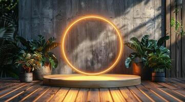 Circular Neon Light Display With Wooden Platform and Tropical Plants photo