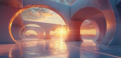 Modern Architectural Structure With Arched Windows at Sunset photo