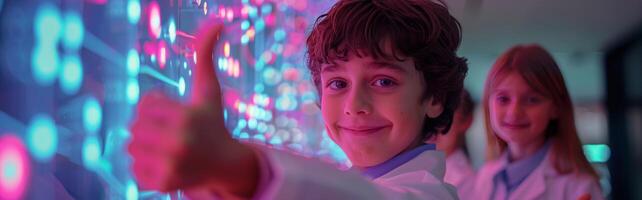 Smiling Boy Interacts With Interactive Digital Display In Futuristic Classroom photo