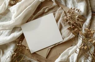 White Envelope on Beige Fabric With Dried Flowers photo