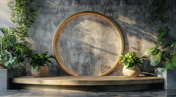 Concrete Wall With Lit Circular Decor and Greenery photo