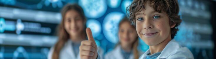 Smiling Boy Interacts With Interactive Digital Display In Futuristic Classroom photo