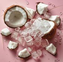 Split Coconut With Ice Cubes On Pink Background photo