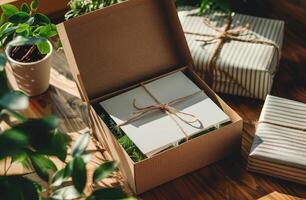 Gift Box With White Paper And Twine On Wooden Table Surrounded By Plants photo