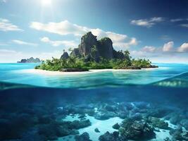 tropical island with glowing lagoons beautiful composition, super sharp, crisp, clear, true to life photo