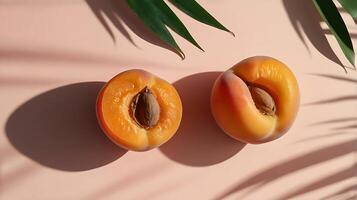 Apricot fruit with palm leaves shadow on a pastel pink background. Summer aesthetic concept. photo