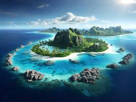 tropical island with glowing lagoons beautiful composition, super sharp, crisp, clear, true to life photo