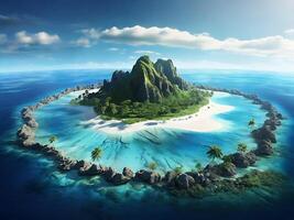 tropical island with glowing lagoons beautiful composition, super sharp, crisp, clear, true to life photo