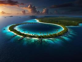 tropical island with glowing lagoons beautiful composition, super sharp, crisp, clear, true to life photo