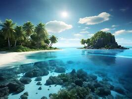 tropical island with glowing lagoons beautiful composition, super sharp, crisp, clear, true to life photo