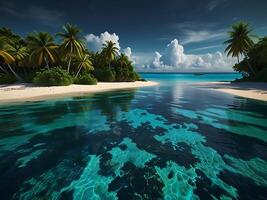 tropical island with glowing lagoons beautiful composition, super sharp, crisp, clear, true to life photo