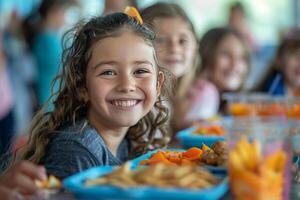 Happy Elementary School Student Smiles While Eating Snacks at Lunch photo