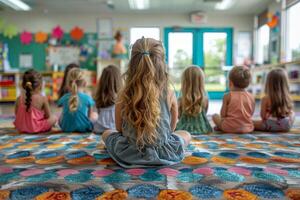 Children Sitting On Rainbow Rug In Classroom photo
