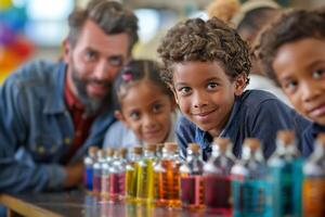 Young Students Engaging in a Science Experiment With Colorful Liquids in a Classroom Setting photo