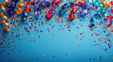 Colorful Confetti and Streamers on a Blue Background photo