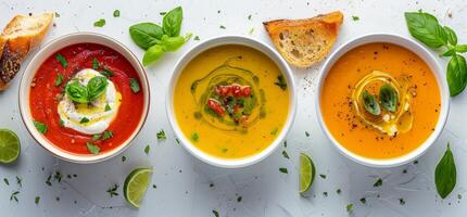 Three Delicious Bowls of Homemade Soup With Basil and Cream photo