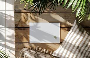 White Blank Canvas on Wooden Floor With Greenery and Natural Light photo