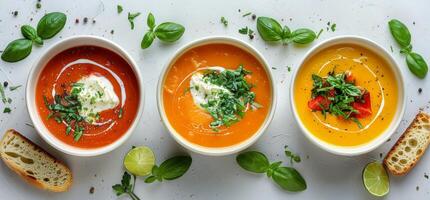 Three Delicious Bowls of Homemade Soup With Basil and Cream photo