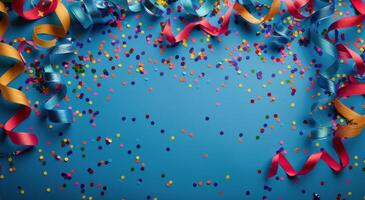 Colorful Confetti and Streamers on a Blue Background photo