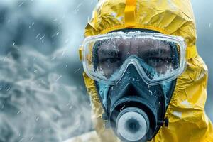 Person Wearing Hazmat Suit Inspecting Chemical Bottles in Industrial Setting photo