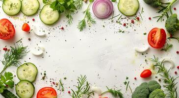Fresh Vegetables and Herbs on a White Surface photo