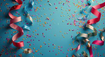Colorful Confetti and Streamers on a Blue Background photo
