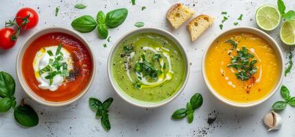 Three Delicious Bowls of Homemade Soup With Basil and Cream photo