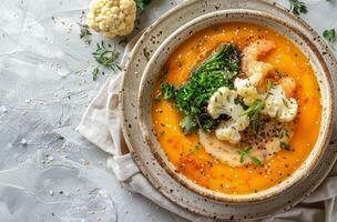 Creamy Pumpkin Soup With Roasted Cauliflower, Broccoli, and Shrimp photo