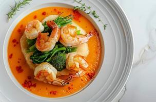 Creamy Pumpkin Soup With Roasted Cauliflower, Broccoli, and Shrimp photo