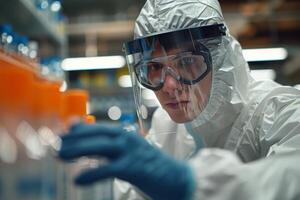 Person Wearing Hazmat Suit Inspecting Chemical Bottles in Industrial Setting photo