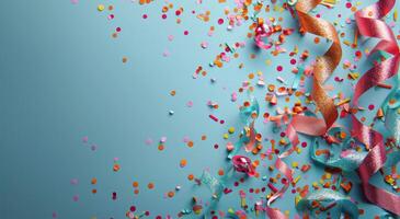 Pink And Blue Confetti And Ribbon Scattered On A Blue Background photo