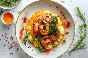 Creamy Pumpkin Soup With Roasted Cauliflower, Broccoli, and Shrimp photo